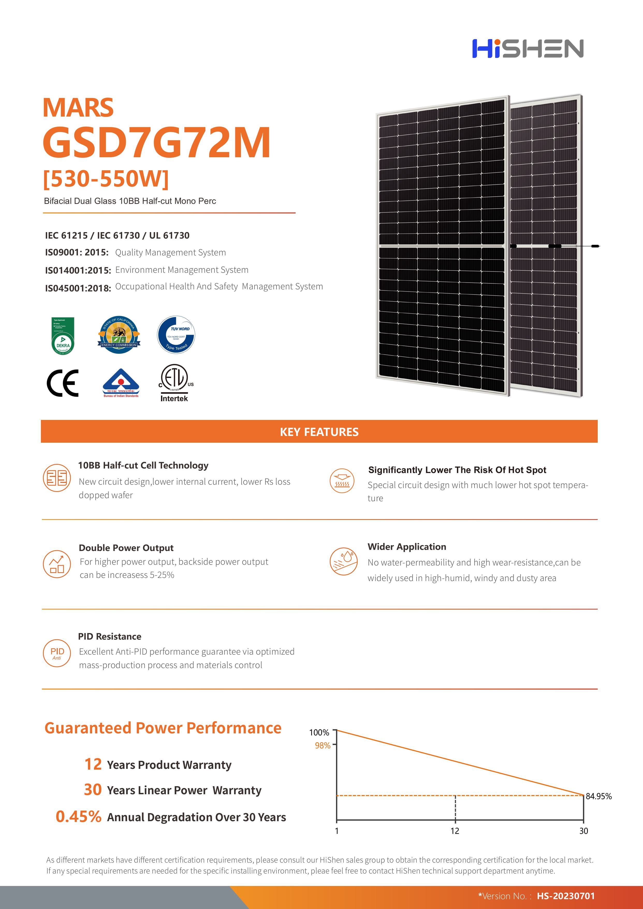 Hishen 550W Bifacial Dual Glass Half-cut Mono PERC Solar Panel for Rooftop Off-Grid Use
