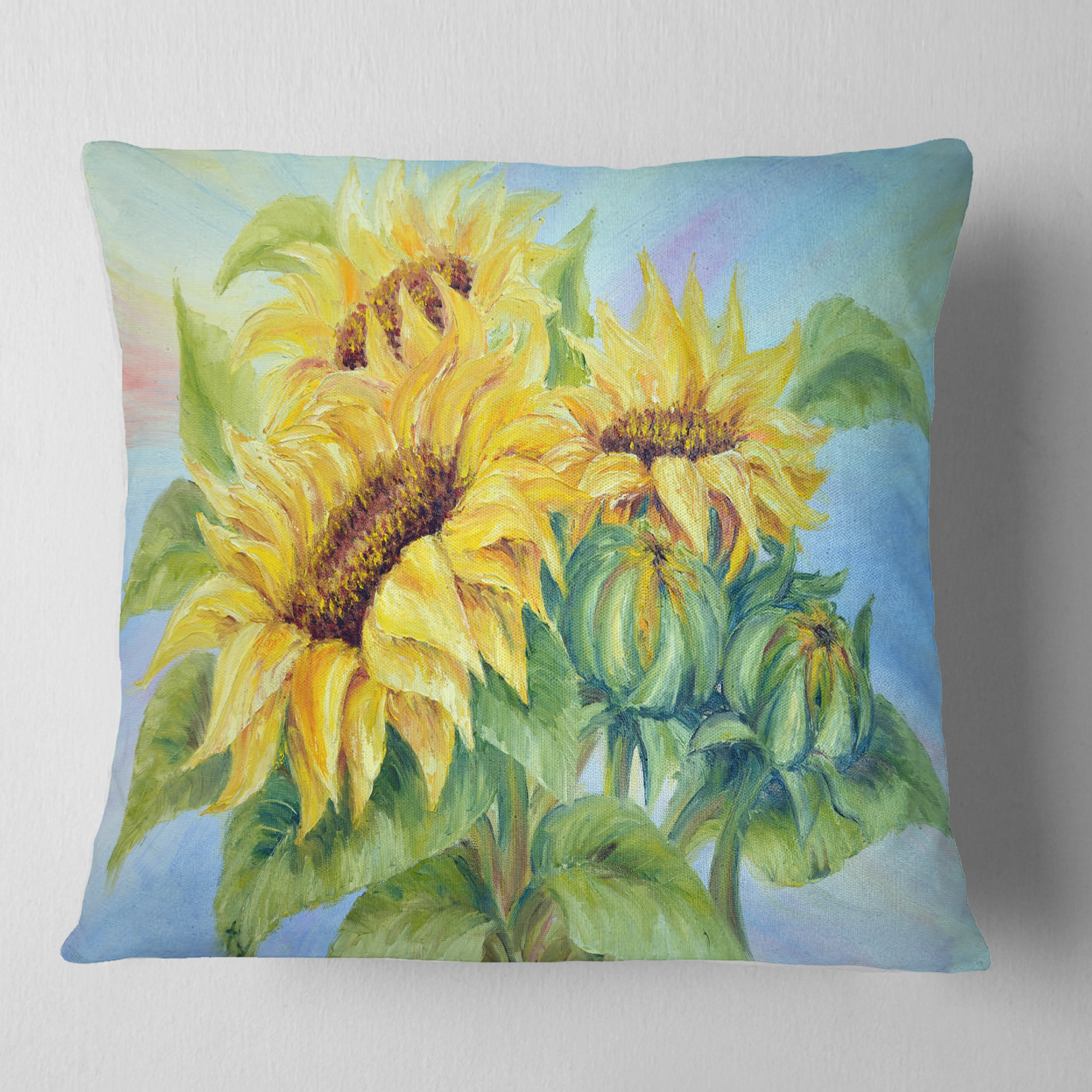 Designart Three Sunflowers - Floral Throw Pillow - 18x18