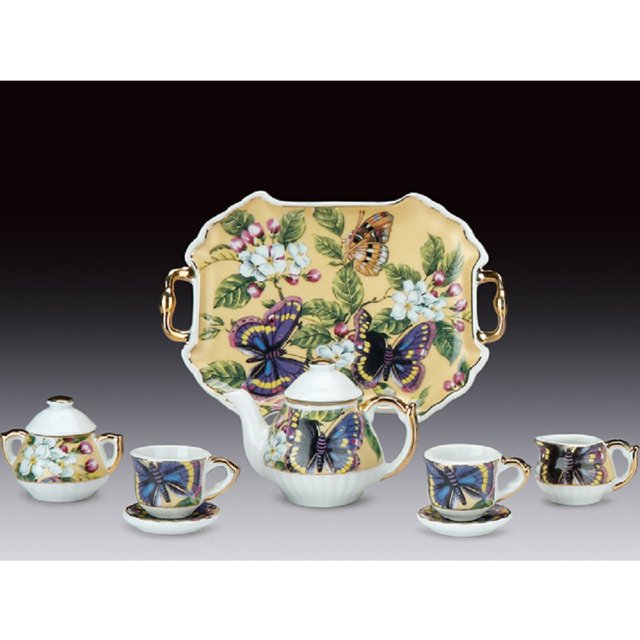 Miniature Porcelain 10 Piece Tea Set with Rose and Butterfly Pattern