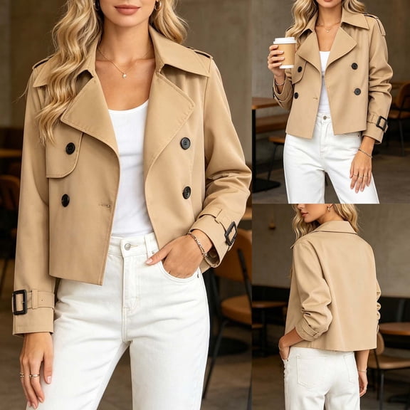 Women's Cropped Trench Coat Water Resistant Double Breasted Short Jacket Lightweight Summer Outerwear