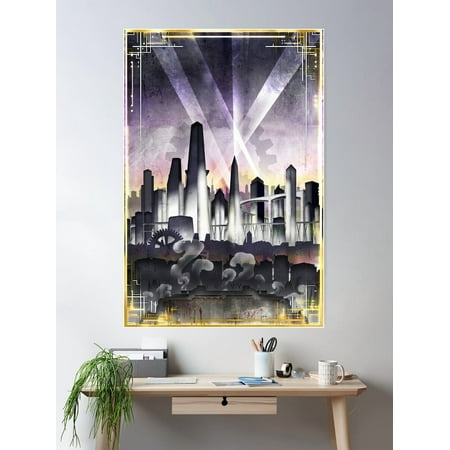 Art Deco Metropolis - Steampunk Vintage City Skyline Poster Wall Art, Modern Wall Decor For Living Room Bedroom, 8x12 UNFRAMED