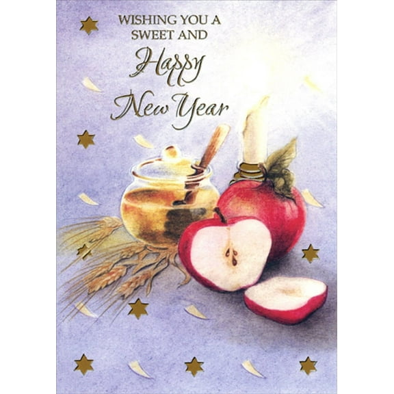 Designer Greetings Honey, Candle, Apple and Wheat : Gold Foil Stars Rosh Hashanah / Jewish New Year Card