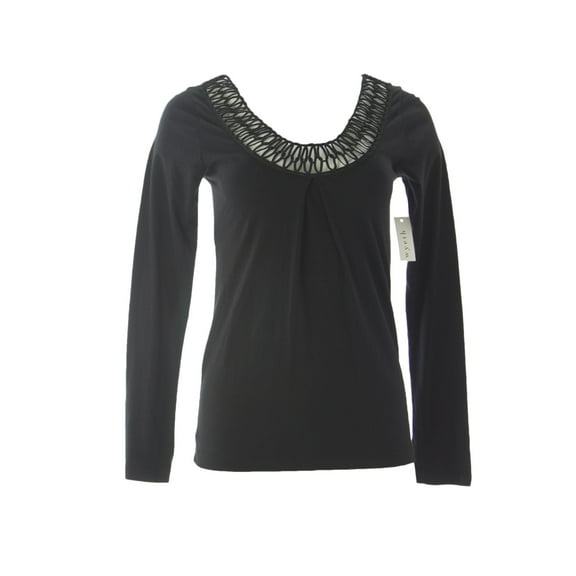 WYETH Women's Crochet Trim Crew Neck Long Sleeve Blouse Medium Black