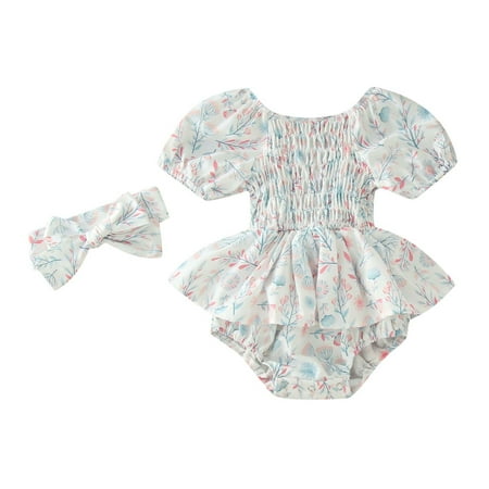 

HMOONORY Girls Short Sleeve Floral Printed Romper Bodysuits Headbands Set