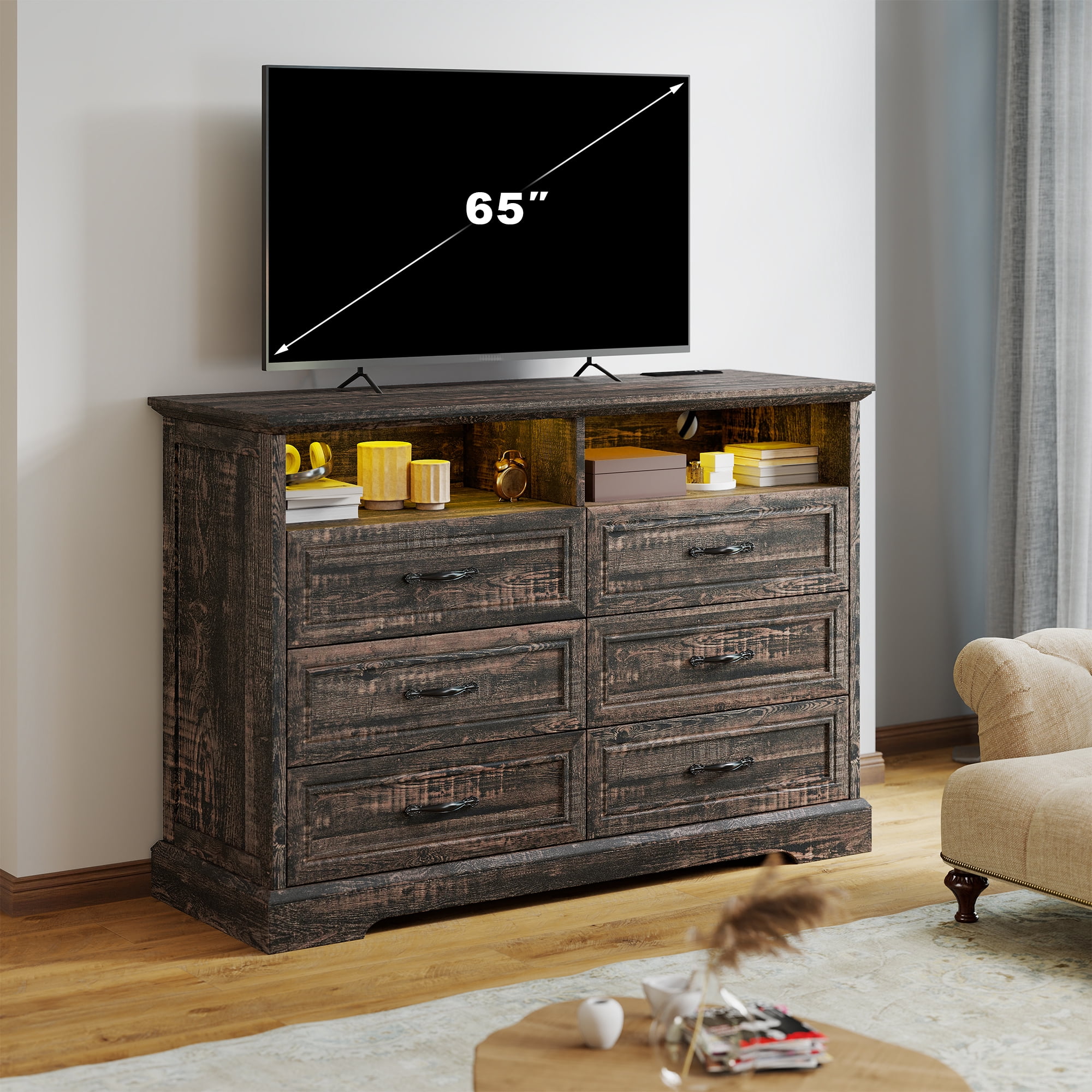 6 Drawer Dresser with LED Lights Chest of Drawers for Bedroom Farmhouse Dresser with Charging Station & Storage Shelf