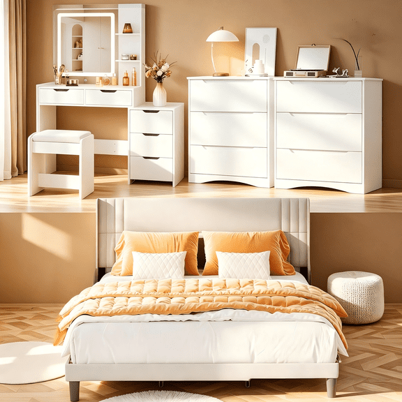 Bedroom Furniture Set,Lofka Queen Bed Frame, 2 Wood 3 Drawer Dressers &Vanity Desk with Table, Mirror and Lights for Large Bedrooms