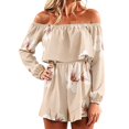 thumbnail image 2 of uvwlwu Women Floral Print Off Shoulder Romper Ruffle Layer Long Cuffed Sleeve Elastic High Waist Short Jumpsuit Stylish Casual Everyday Summer Vacation Outfit,M, 2 of 4