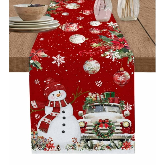 Ldtrchee Red Christmas Table Runner 90 Inches, Snowman Truck Xmas Balls Snowflake Bed Runner Dresser Scarves Tabletop for Indoor Outdoor Parties/Ceremony/Banquet, 13" x 90"