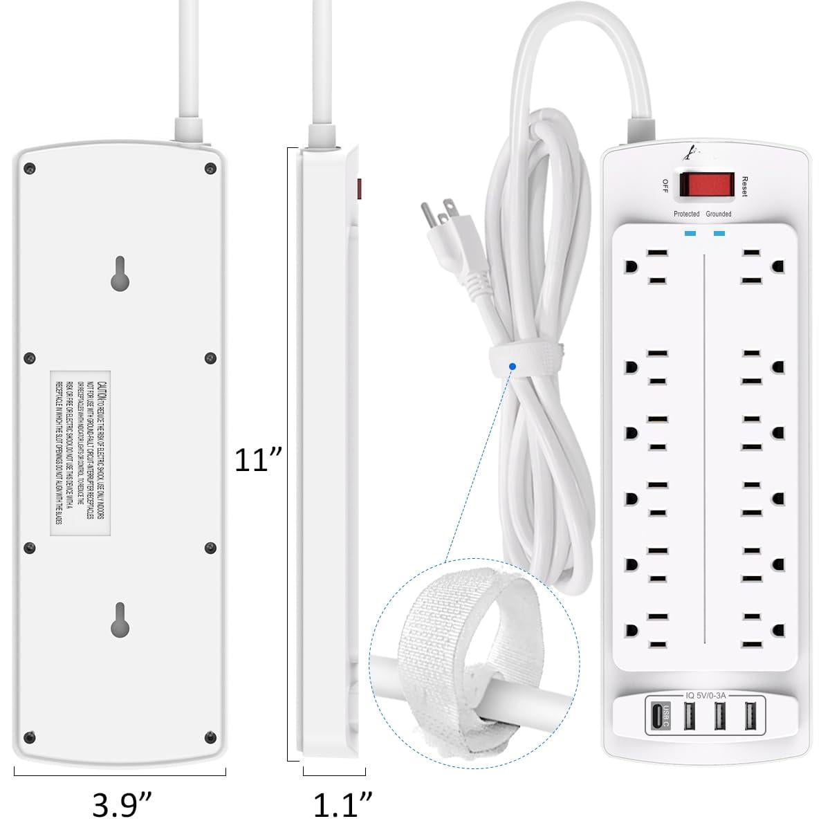 Power Strip  Surge Protector With 12 Outlets And 4 Usb Ports 6 Feet Extension Cord (1875w/15a) For Home Office Dorm 2700 Joules Etl Listed (white)