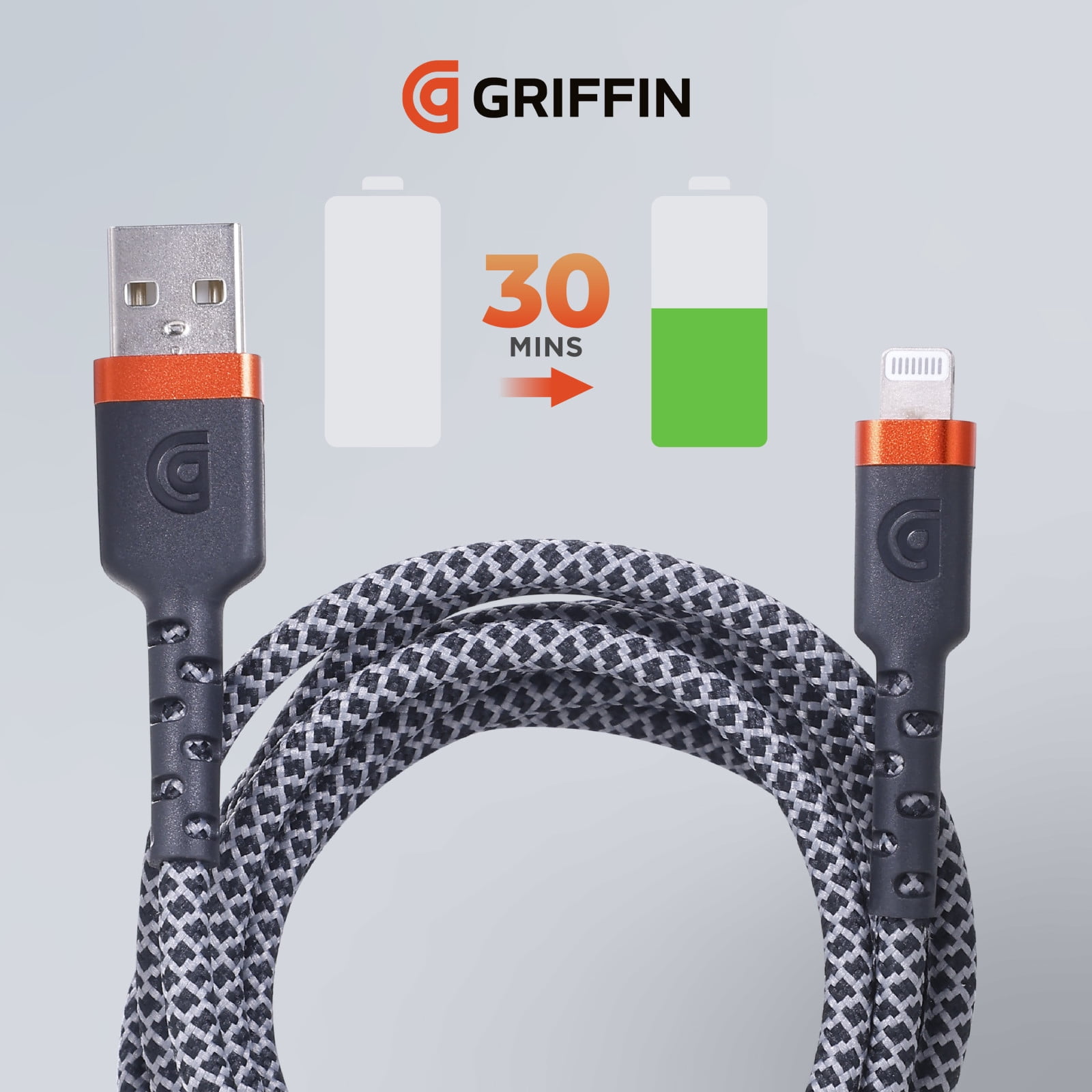 Griffin Ultra Durable 6FT Lightning to USB-A Charge & Sync Cable with Velcro Strap for iPhone, iPad, iPod, Fast Charging, Durable Nylon Braided, Apple Lightning Cable