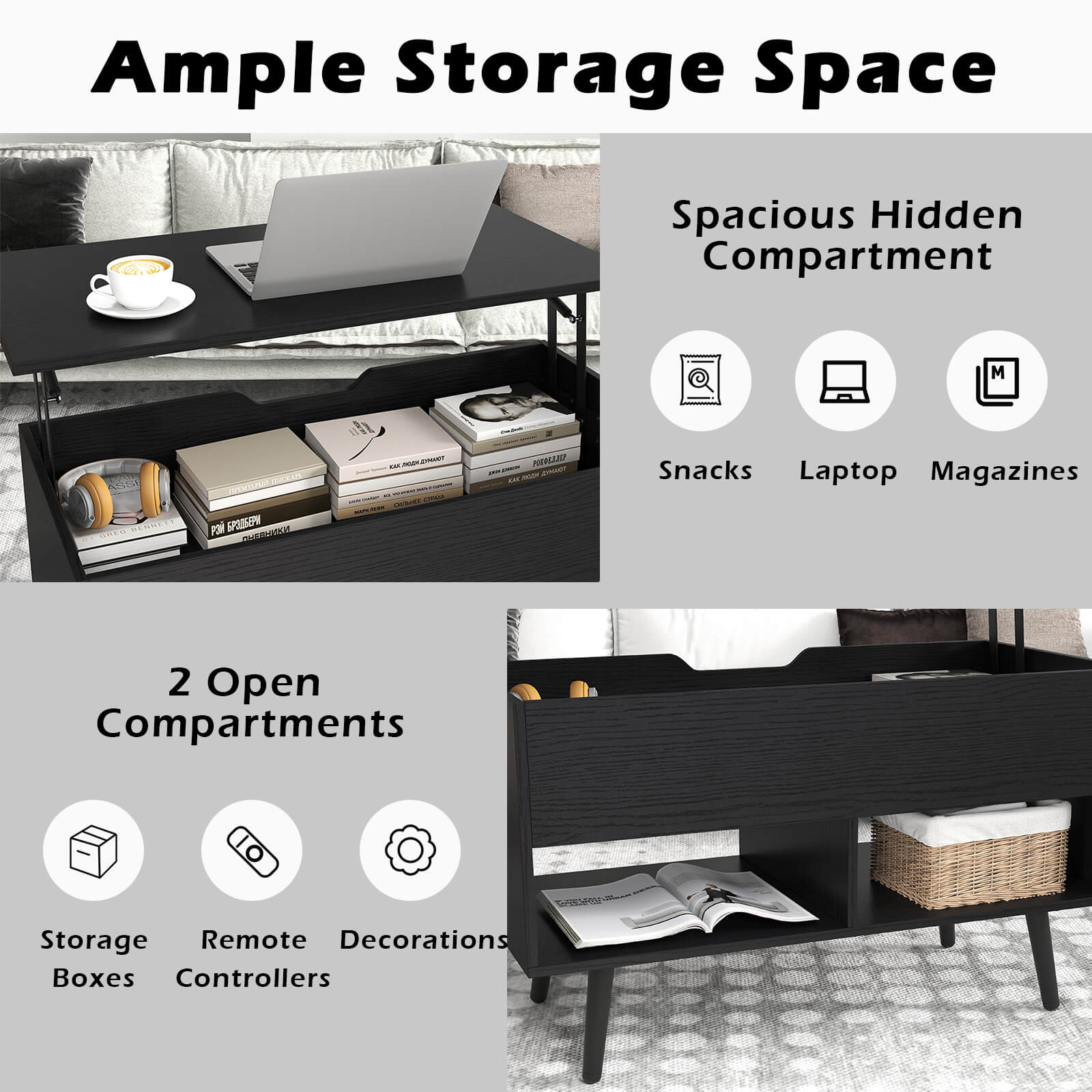 Costway Lift Top Coffee Table with Hidden Compartment Open Storage Shelves for Reception Black