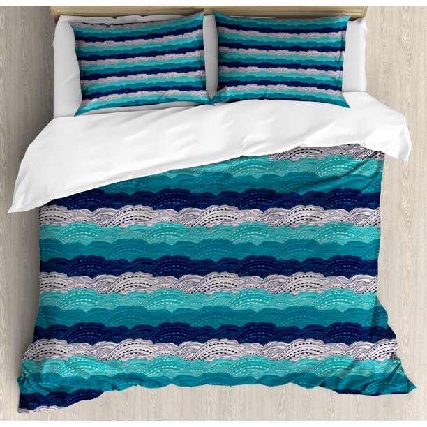 Wave Duvet Cover Set Queen Size, Abstract Ornamental Ocean Waves with