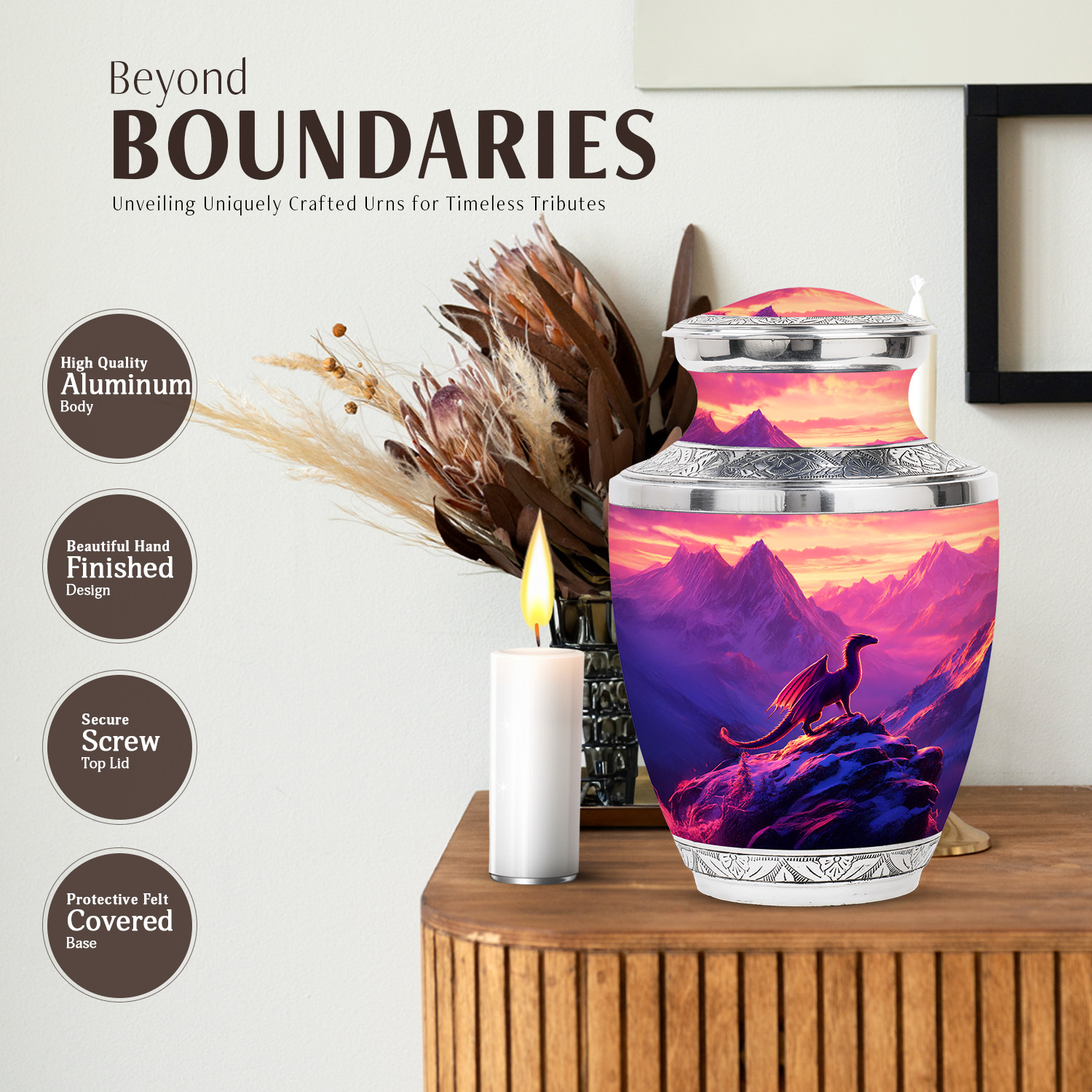JAGASY Dragon Handmade Large Urn for Human Ashes, Purple Urn for Ashes Adult Male & Female, Snowy Mountain & Sunset Decorative Urns for Boys, Funeral Cremation Urns for Girls, (10 Inch)