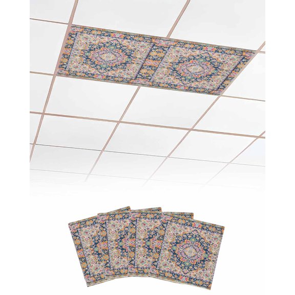 Fluorescent Light Covers for Ceiling Lights 4 Pack, Boho Blue Yellow Magnetic Ceiling Light Covers 2x4ft for Classroom Office, Ethnic Vintage Mexican Flowers Southwestern Drop Ceiling Light Shade