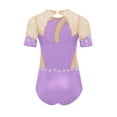 thumbnail image 2 of Rswnyirn Kids Girls Figure Skating Dance Leotard Rhinestones Short Sleeve Cutout Back Mesh Patchwork Light Purple 12, 2 of 5