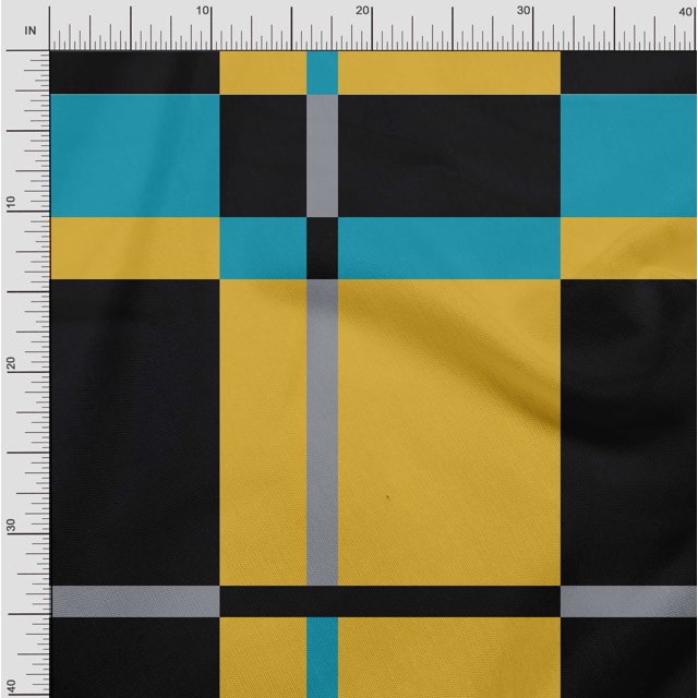 Soimoi Japan Crepe Satin Fabric Check Panel Print Fabric by The Yard 42 Inch Wide