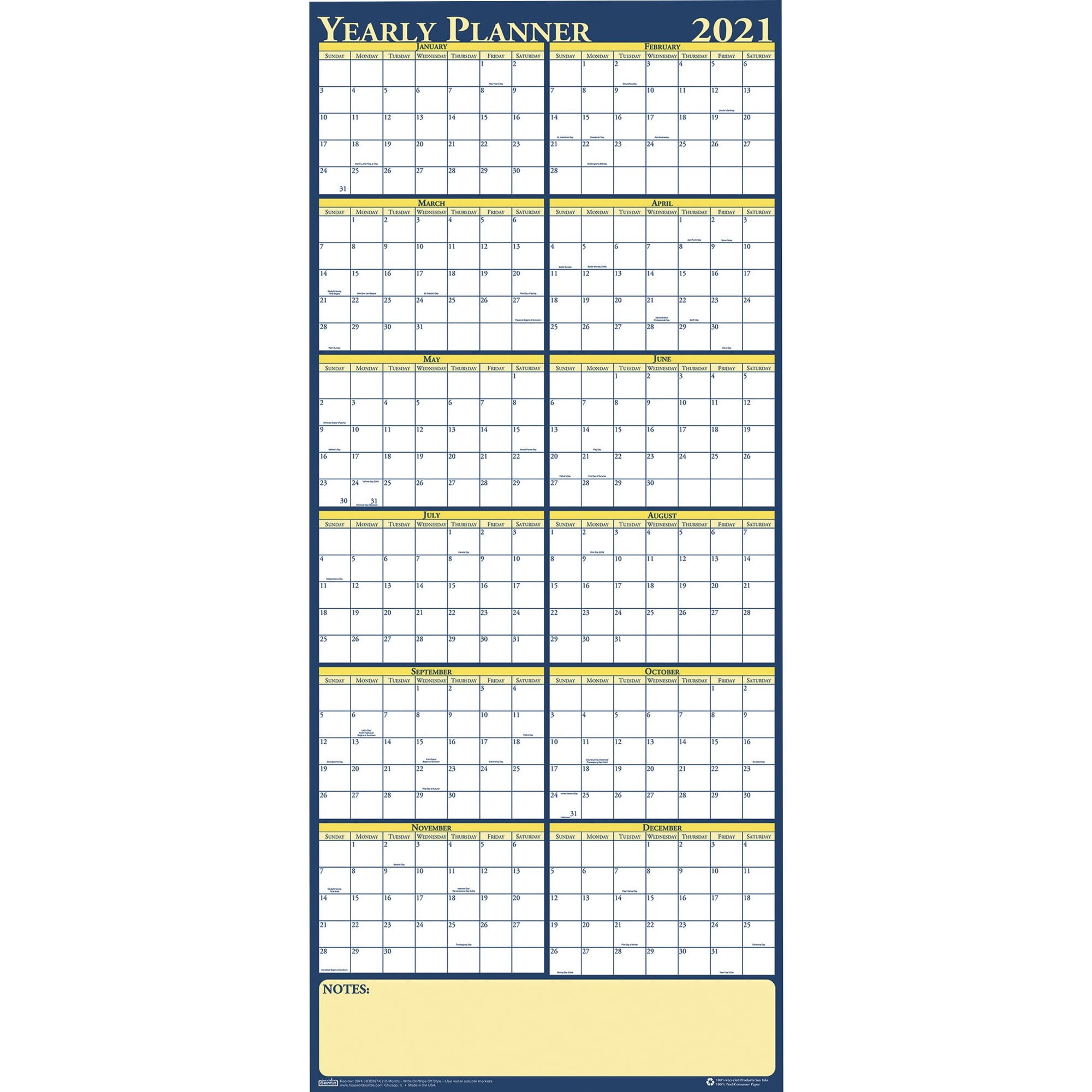 House of Doolittle, HOD3974, Laminated Yearly Wall Planner, 1 Each