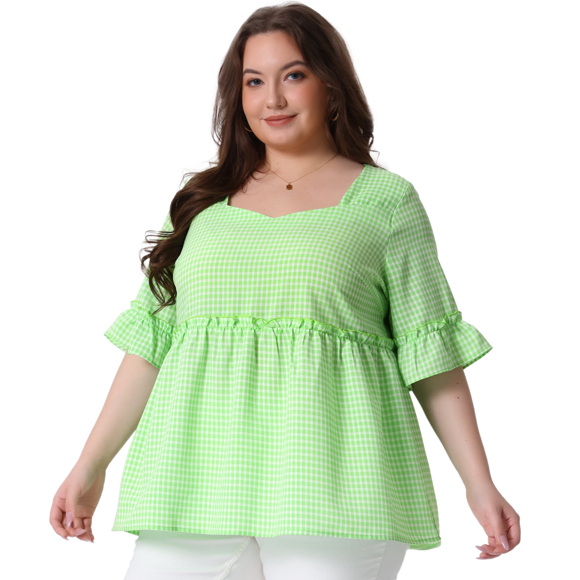 DARING DIVA Women's Plus Size Gingham Sweetheart Neck Ruffle Sleeve Blouse 3X Green