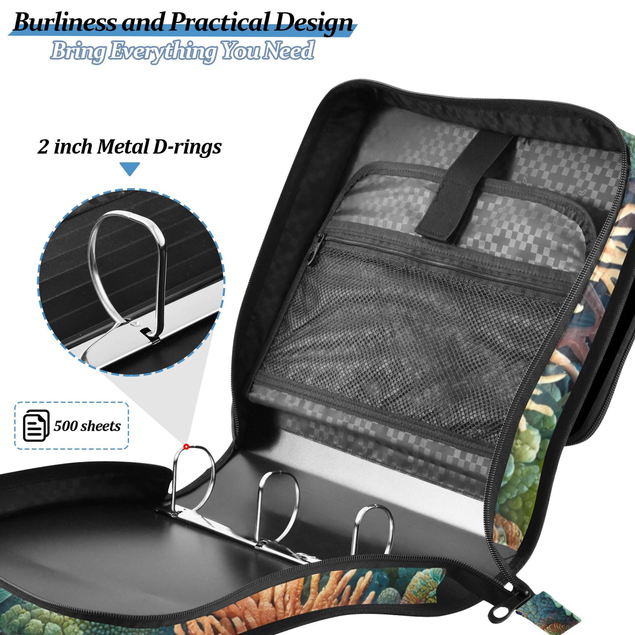 3 Ring Zipper Binder with Shoulder Strap Waterproof Trapper Keeper 2 Inch D-Ring 500 Sheets Capacity Turtle Plants Coral