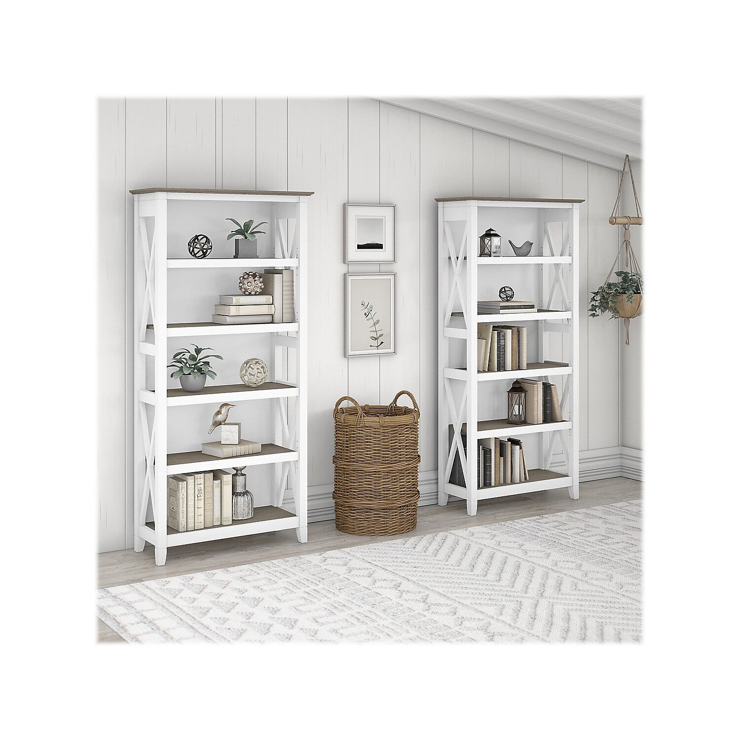 Bush Furniture Key West Tall 5 Shelf Bookcase, Set of 2, Pure White & Shiplap Gray