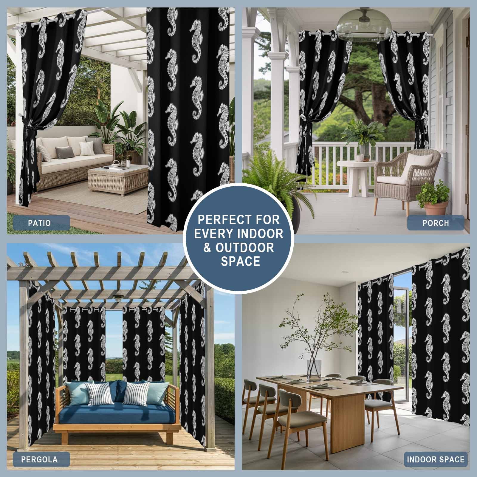 White Seahorse Outdoor Curtains for Patio, Watercolor Retro Summer Coral Ocean Black Background Sunshade Privacy Drapes Grommet Waterproof Outside Curtains for Porch/Cabana/Balcony 54"x 108", 1 Panel