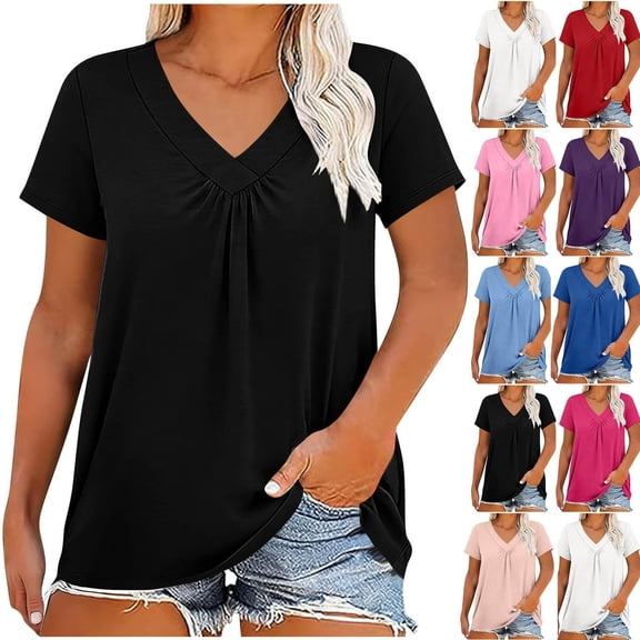 Favoffer Womens Plus Size Blouses V Neck Short Sleeve Ruffle Solid Color Casual Tops Soft Shirts for Office Dating Weekend Outdoor