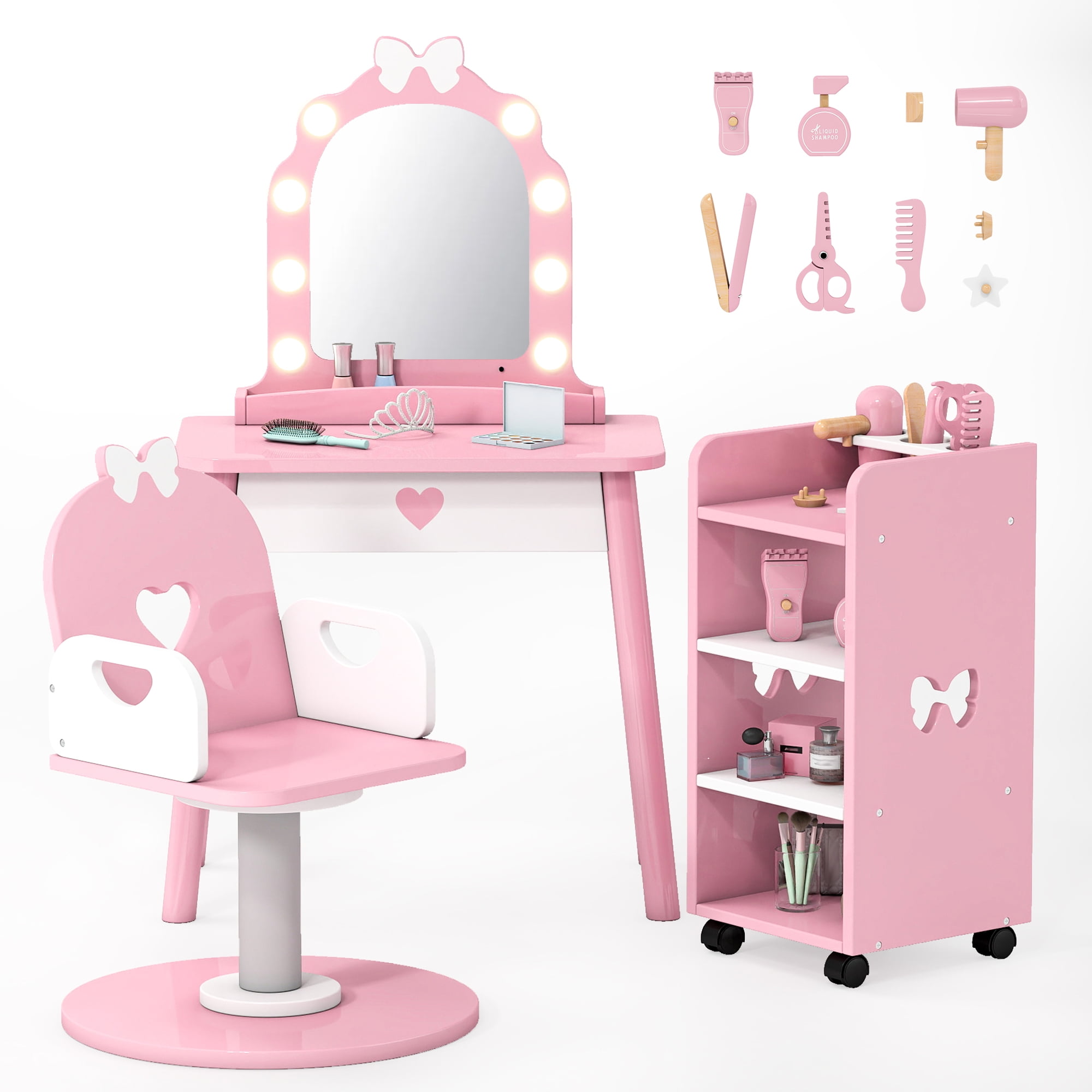 Reasea Kids Vanity Set with Light & Barber Chair, Pretend Play Makeup Dressing Table with Storage Shelf, 7 Pcs Hair Salon Accessories