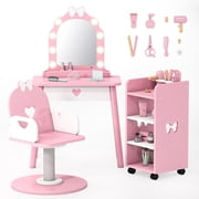 Reasea Kids Vanity Set with Light & Barber Chair, Pretend Play Makeup Dressing Table with Storage Shelf, 7 Pcs Hair Salon Accessories