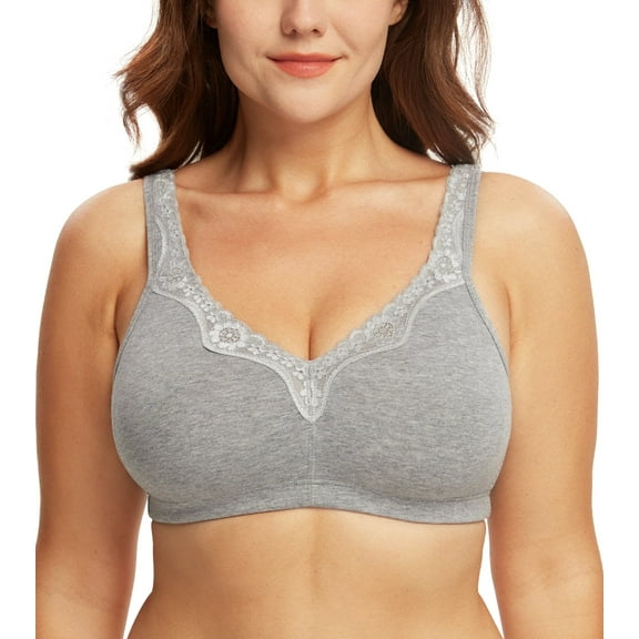Exerin Plus Size Bras Women's Comfort Cotton Non-Padded Wirefree Lace Floral Everyday Bra(36D,Grey)