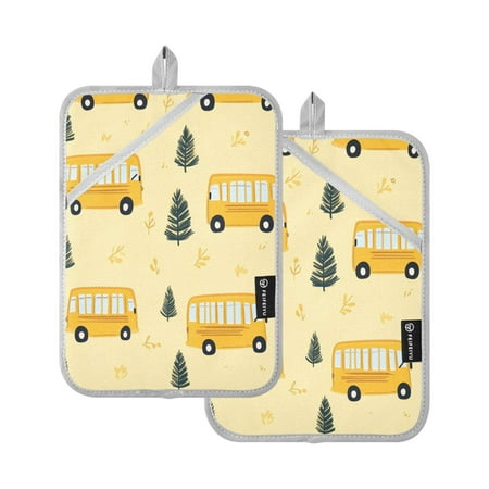 

Yellow Kindergarten School Bus Pattern Square Insulation Pads 2 Piece Heat Resistant 338 Degrees F Oven Mitts for Kitchen Table BBQ Microwave and Other Cooking Occasions