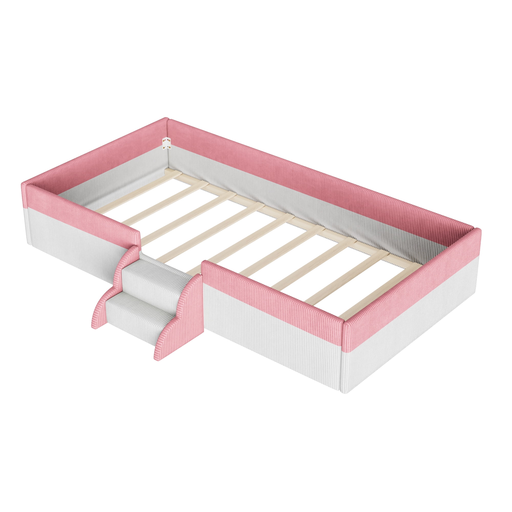 Howcool Twin Size Corduroy Upholstered Floor Bed with Fence and Smart LED Lights,2-Tier Steps Platform Bed Frame,Pink+White