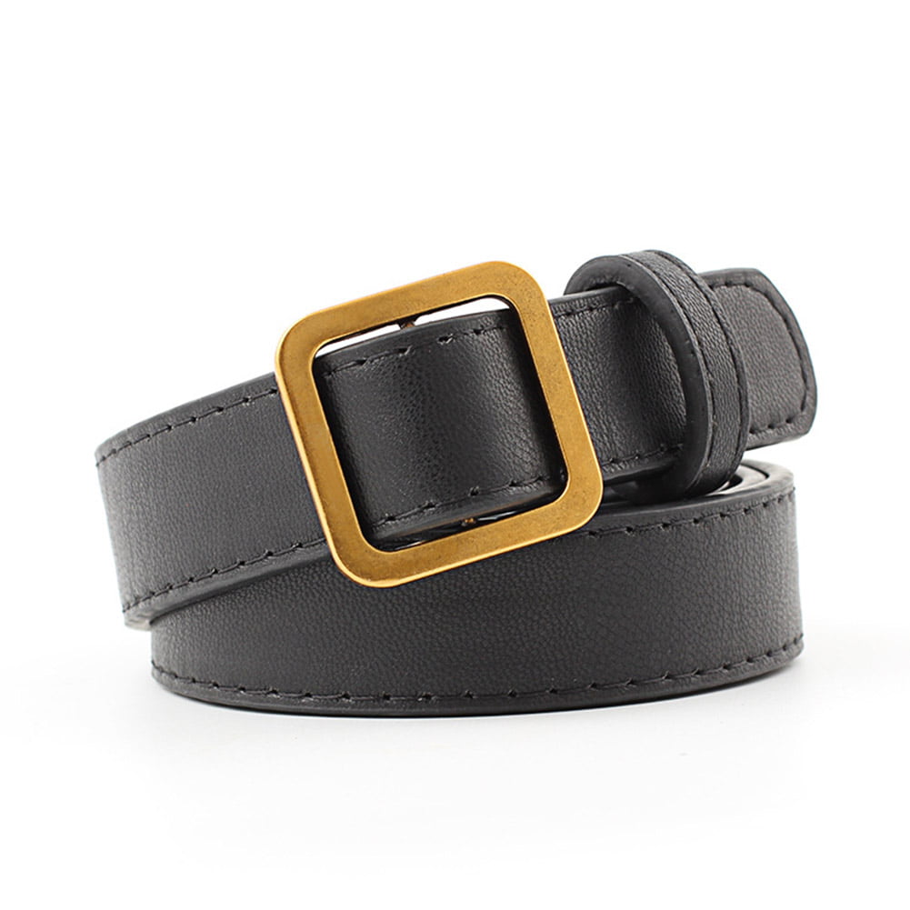 MeterMall - Women Retro No Holes Belt with Gold Color Square Buckle black Length 105 width 2.4 ...