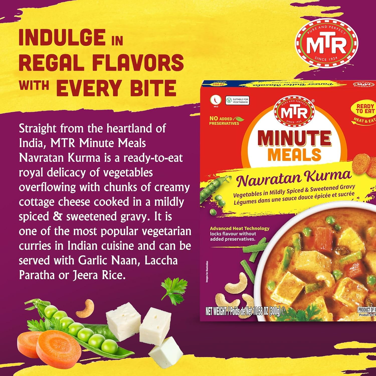 MTR Navratan Kurma - Vegetables in Mildly Spiced & Sweetened Gravy - Tasty Indian Meal with No Added Preservatives - Suitable for Vegetarians, Ready in Minutes! (300g, Pack of 6)