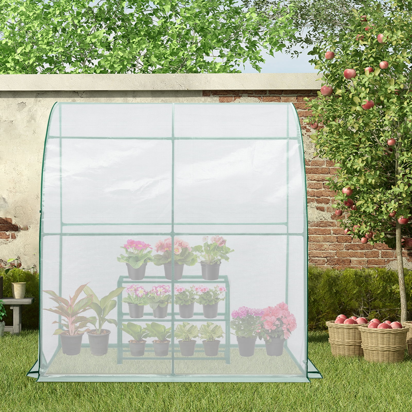 EAGLE PEAK 6.6 x 3.3 x 6.9ft Outdoor Lean to Walk-in Greenhouse with Shelf, Gardening Wall Green House with Roll-up Zipper Entry Doors, White