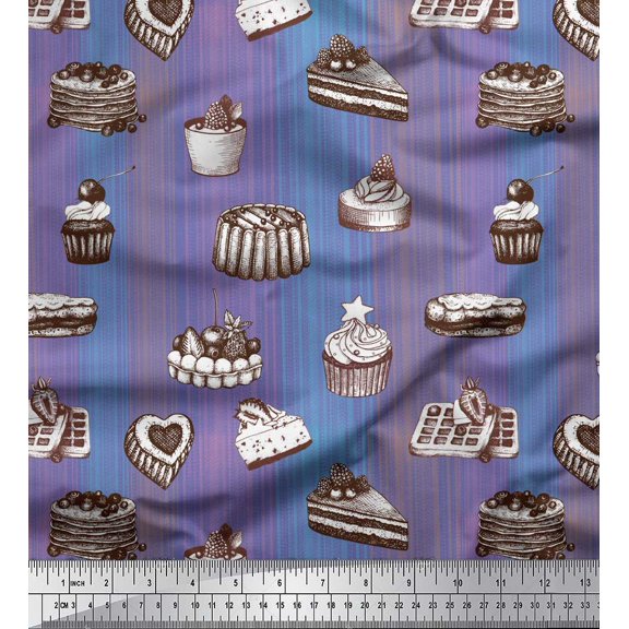 Soimoi Purple Moss Georgette Fabric Fruits & Cupcake Food Print Fabric by the Yard 42 Inch Wide