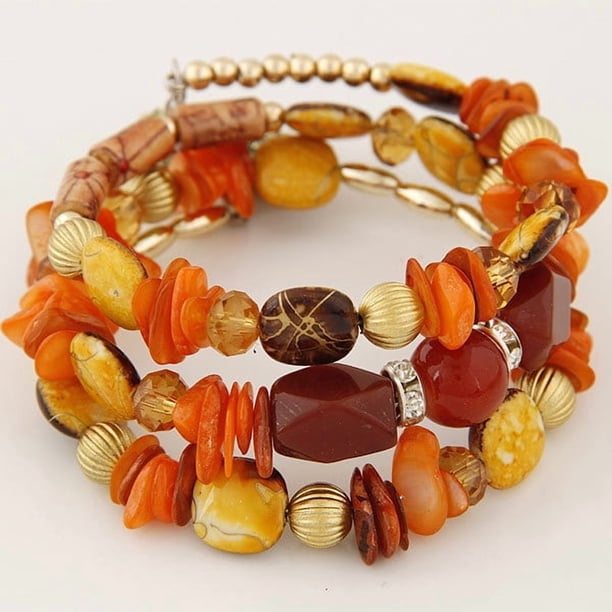 Xiao Hua Pulseras de cuentas irregulares multicapa estilo bohemio retro de verano con dijes de flores, joyería étnica para mujer, color naranja