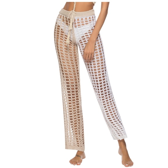 Summer Pants for Women Tassel Hollow Knit Cropped Pants Crocheted Beach Womens Wide Leg for Summer High N Athletic Business Casual Women plus Size Brocade plus Yoga Pant Size Khaki One Size