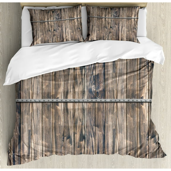 Rustic Duvet Cover Set, Image of Wooden Planks with Screws and Nails Farmhouse Theme Log Cabin Print, Decorative 3 Piece Bedding Set with 2 Pillow Shams, Calking Size, Brown and Grey, by Ambesonne