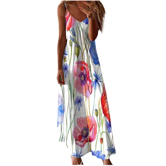 SMihono Women's Summer Spaghetti Strap Dress V-Neck Floral Print Maxi Long Dress Loose Beach Party Dresses Pink 8