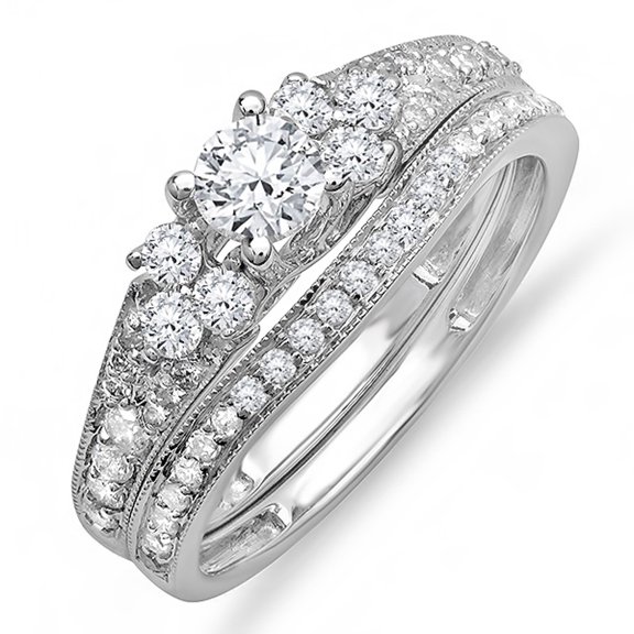 Dazzlingrock Collection 1.00 Carat (ctw) 10K Round Diamond Ladies Bridal Ring Engagement Ring Set 1 CT, White Gold, Size 7