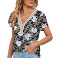 thumbnail image 1 of Blusa de mujer con escote en V y manga corta con flores blancas sobre base negra, talla M Blusa de encaje de guipur floral, 1 of 6