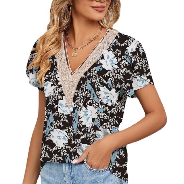 Blusa de mujer con escote en V y manga corta con flores blancas sobre base negra, talla M Blusa de encaje de guipur floral