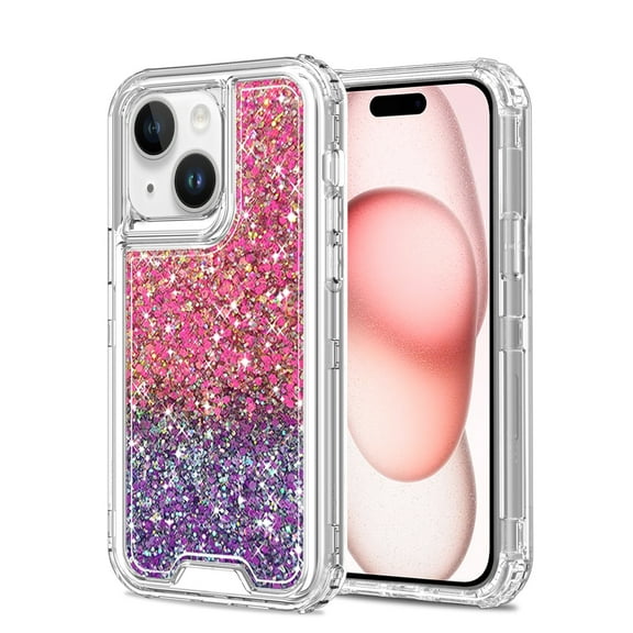 For Apple iPhone 15 Pro Max (6.7") Epoxy Bling Glitter Sparkly 3in1 Shockproof Transparent Hybrid Shockproof Full Body PC Cover ,Xpm Phone Case [ Hot Pink   Purple ]