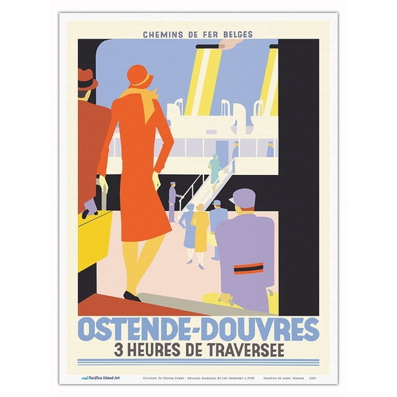 Ostende Belgium to Dover (Douvres) England Ferry Service - Belgian Railways - Vintage Railroad Travel Poster by Léo Marfurt c.1938 - Master Art Print (Unframed) 9in x 12in