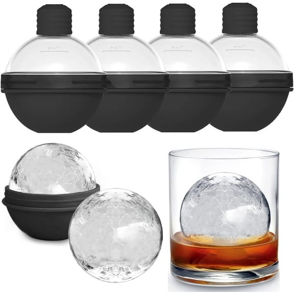 PLERISE  Set of 4 Silicone Ice Ball Molds with Lids for Whiskey, Cocktails, and Bourbon Drinks