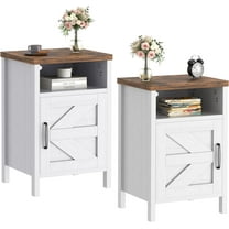 Farmhouse Nightstand, Modern Bedside Table Set of 2 with Barn Door and Shelf, Rustic End Table Side Table for Bedroom, Living Room (White)