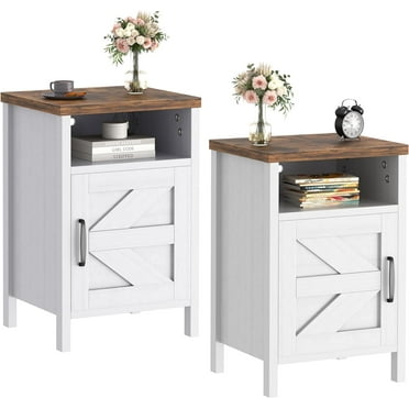 Farmhouse Nightstand, Modern Bedside Table Set of 2 with Barn Door and Shelf, Rustic End Table Side Table for Bedroom, Living Room (White)