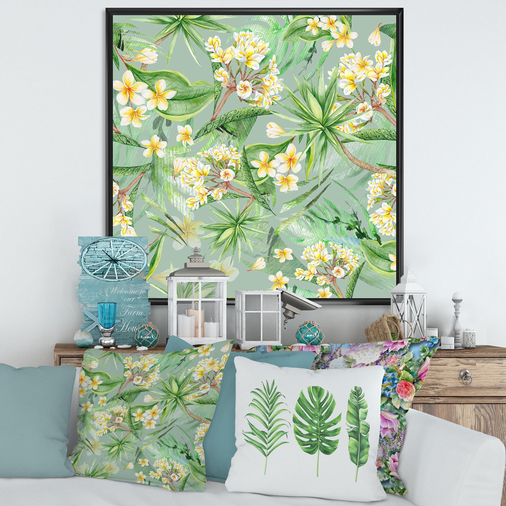 Designart 'Yellow Flowers and Tropical Foliage XIV' Modern Framed Canvas Wall Art Print