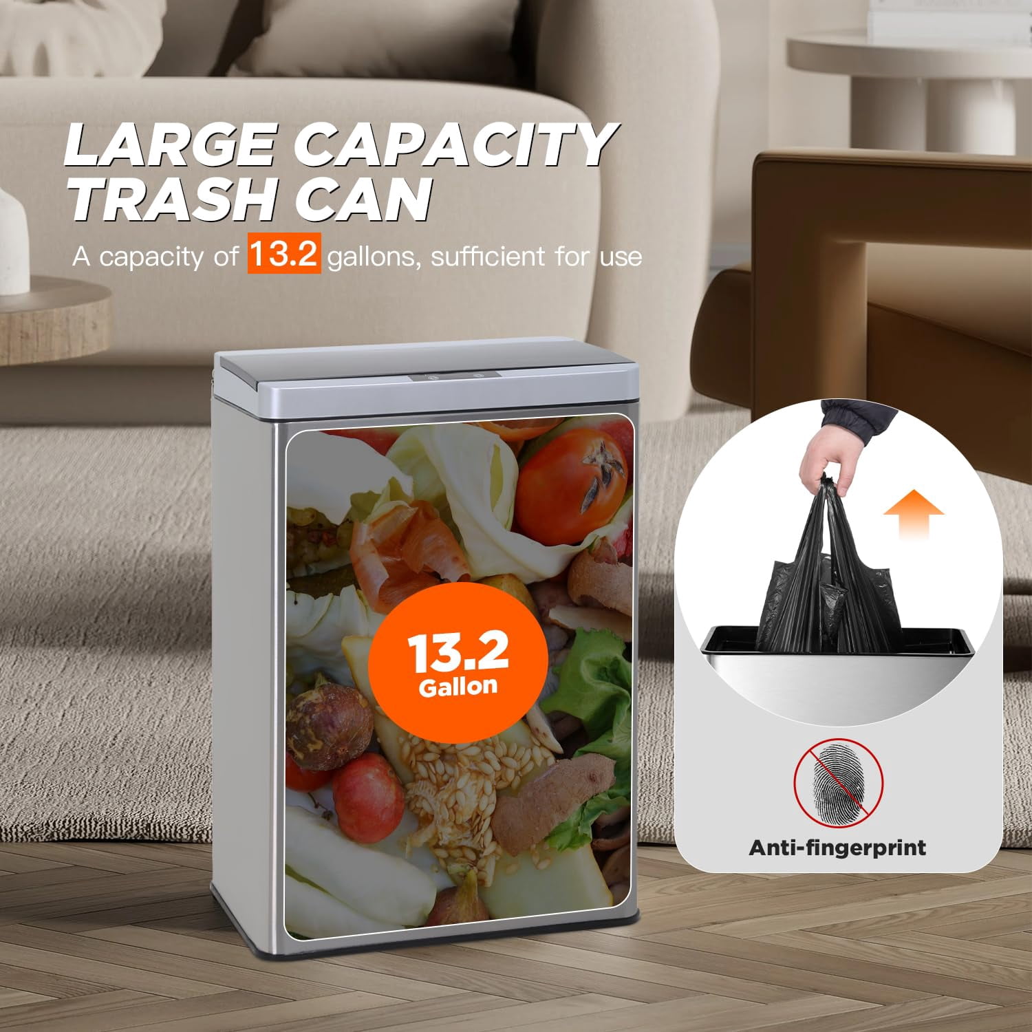 BestOffice 13 Gallon Touchless Trash Can with Lid, Stainless Steel Automatic Sensor Waste Bin
