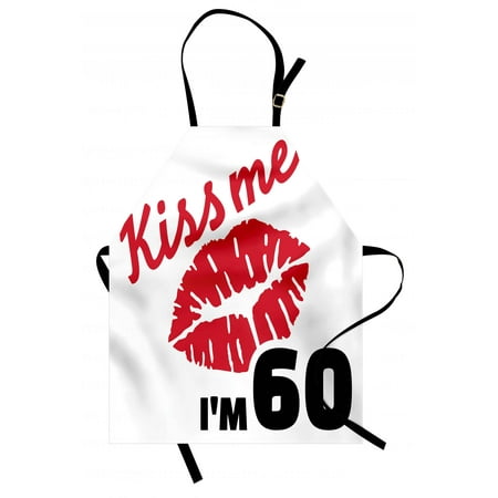 60th Birthday Apron Hot and Sexy Party Theme with Lipstick Mark Kiss Me I am 60 Quote Image, Unisex Kitchen Bib Apron with Adjustable Neck for Cooking Baking Gardening, Red and Black, by